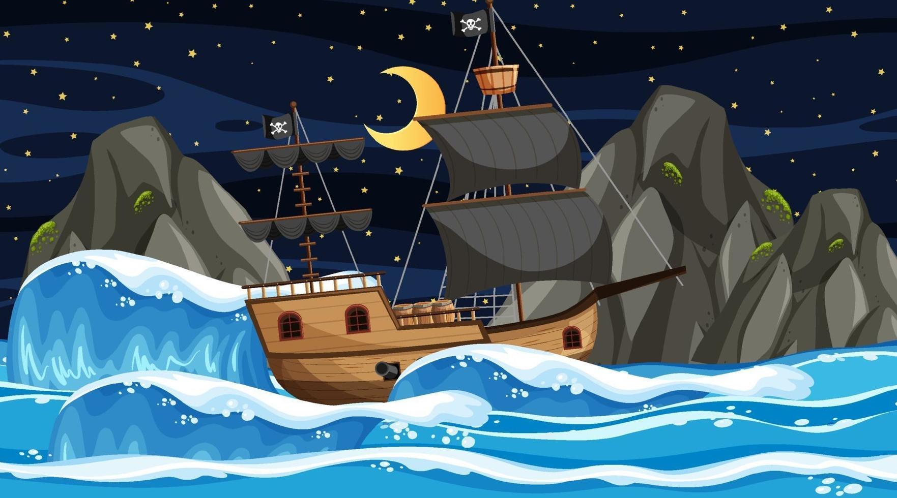 océano con barco pirata en la escena nocturna en estilo de dibujos animados vector