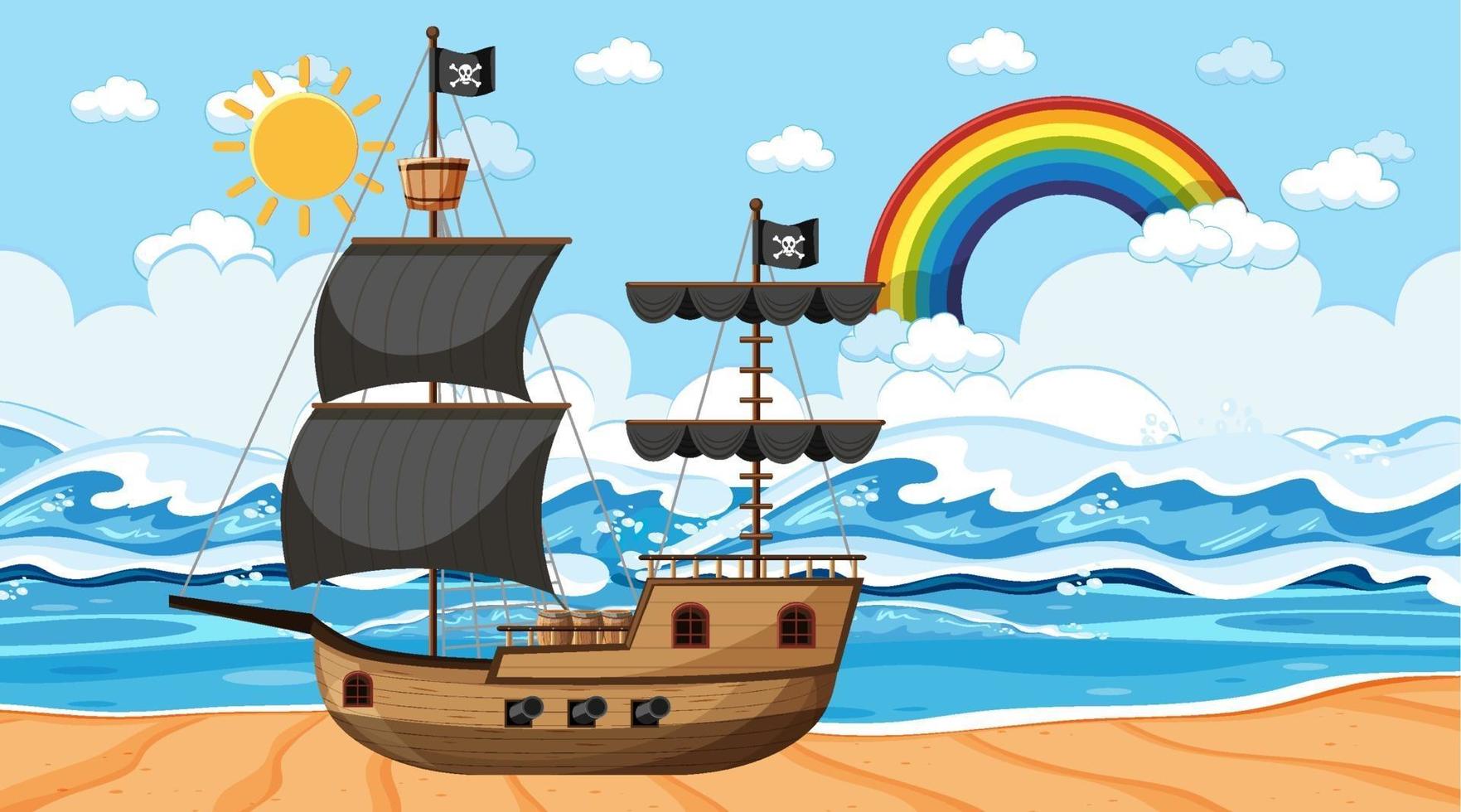 Ocean with Pirate ship at day time scene in cartoon style vector