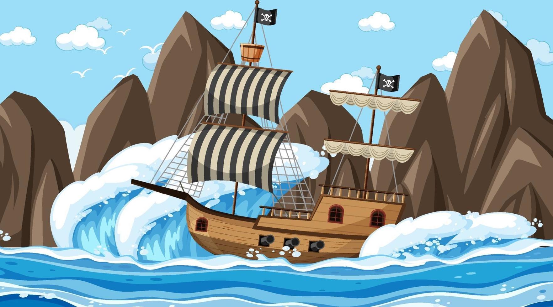 Ocean with Pirate ship at day time scene in cartoon style vector