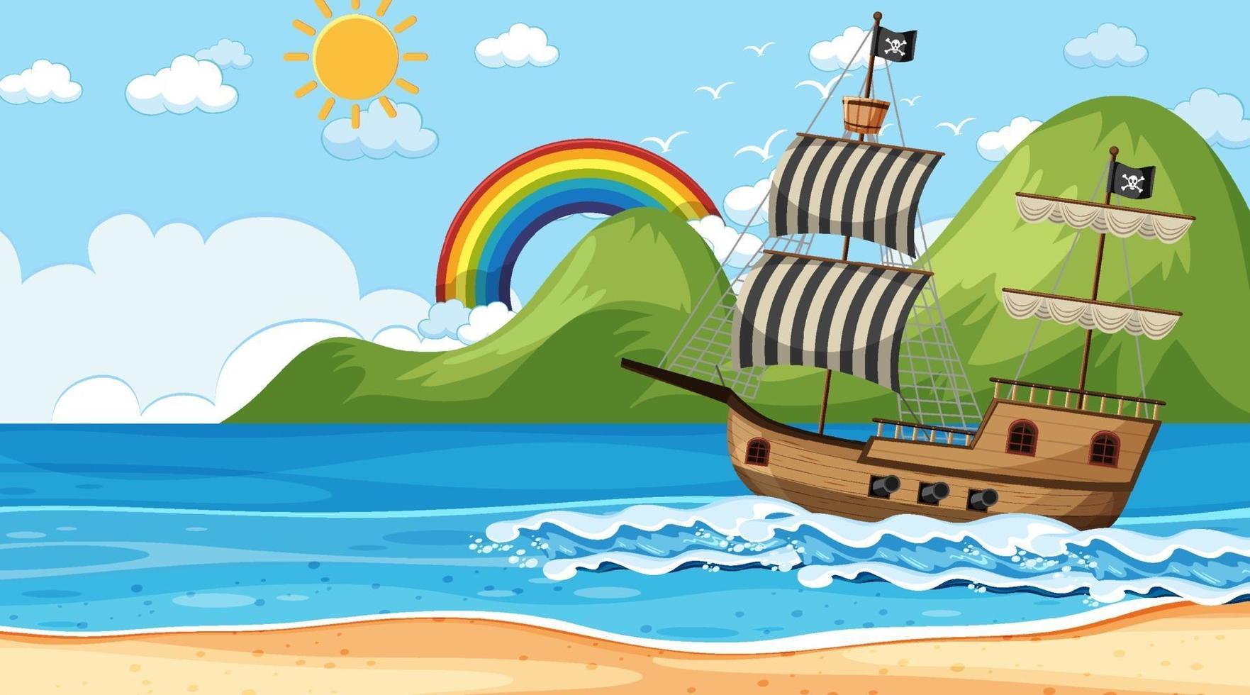 Ocean with Pirate ship at day time scene in cartoon style vector