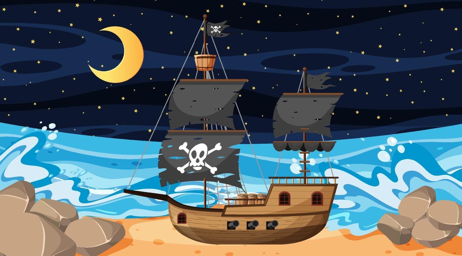 Ocean with Pirate ship at night scene in cartoon style vector