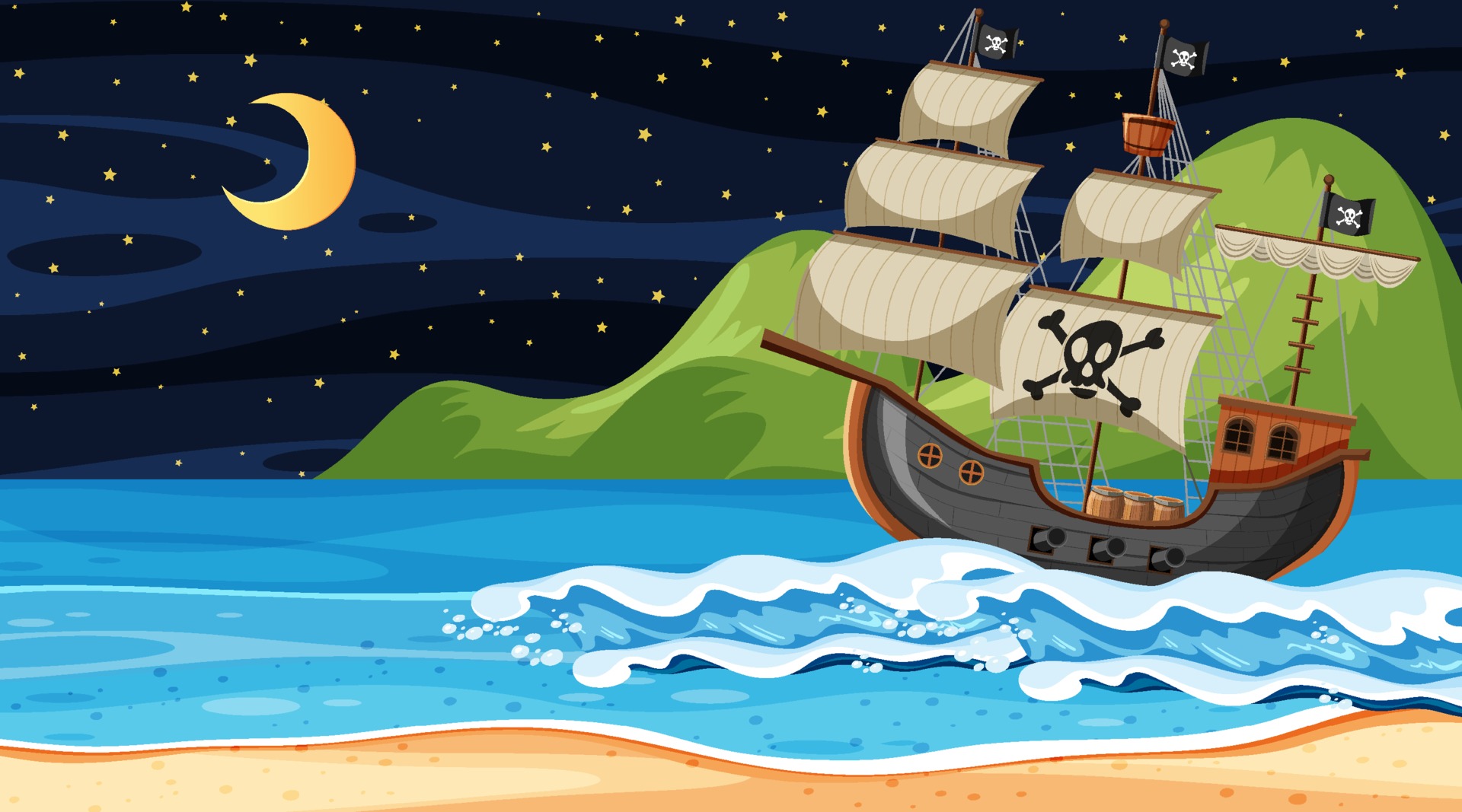 Ocean with Pirate ship at night scene in cartoon style 2199242 Vector