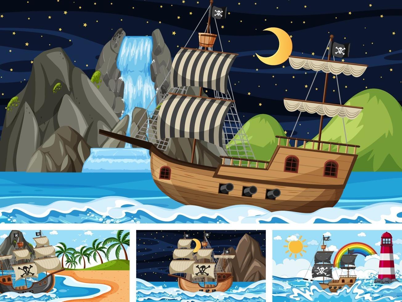 Set of ocean scenes at different times with Pirate ship in cartoon style vector