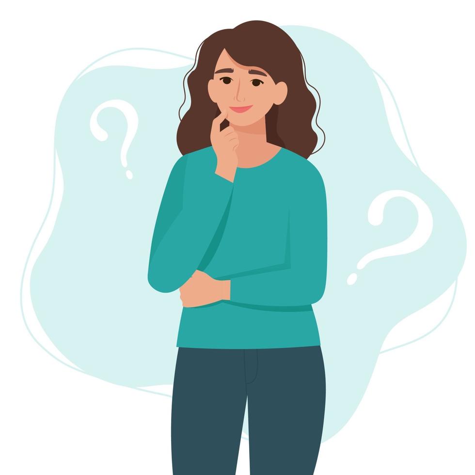 Thinking, but happy woman with question marks vector