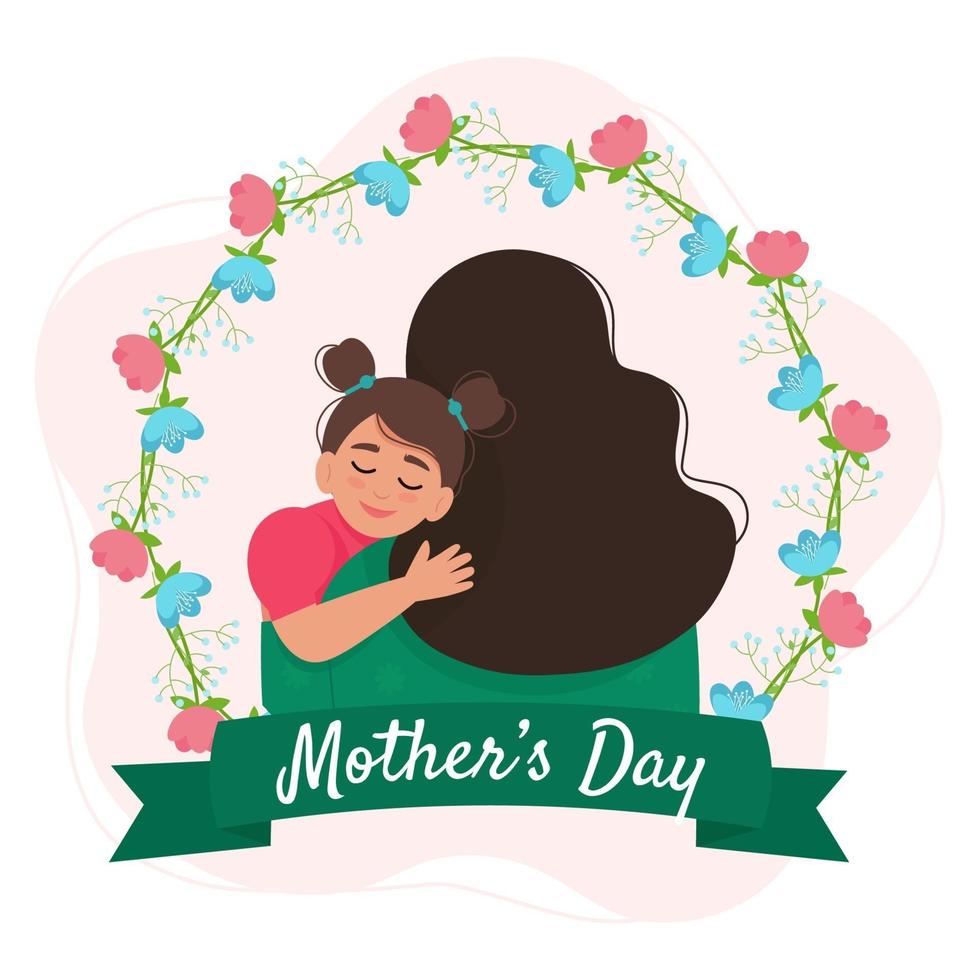 Mother and daughter hugging. Happy Mothers Day greeting card vector