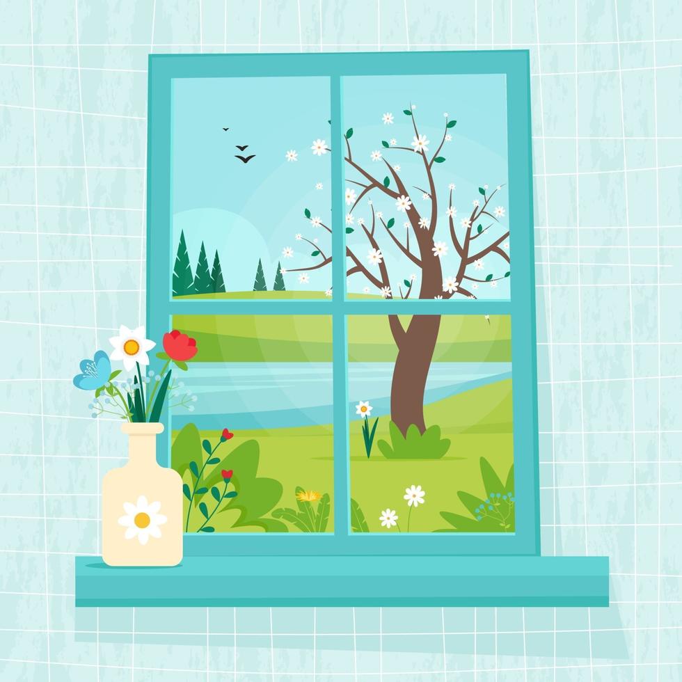 Spring window with view, vase with Flowers on the sill vector