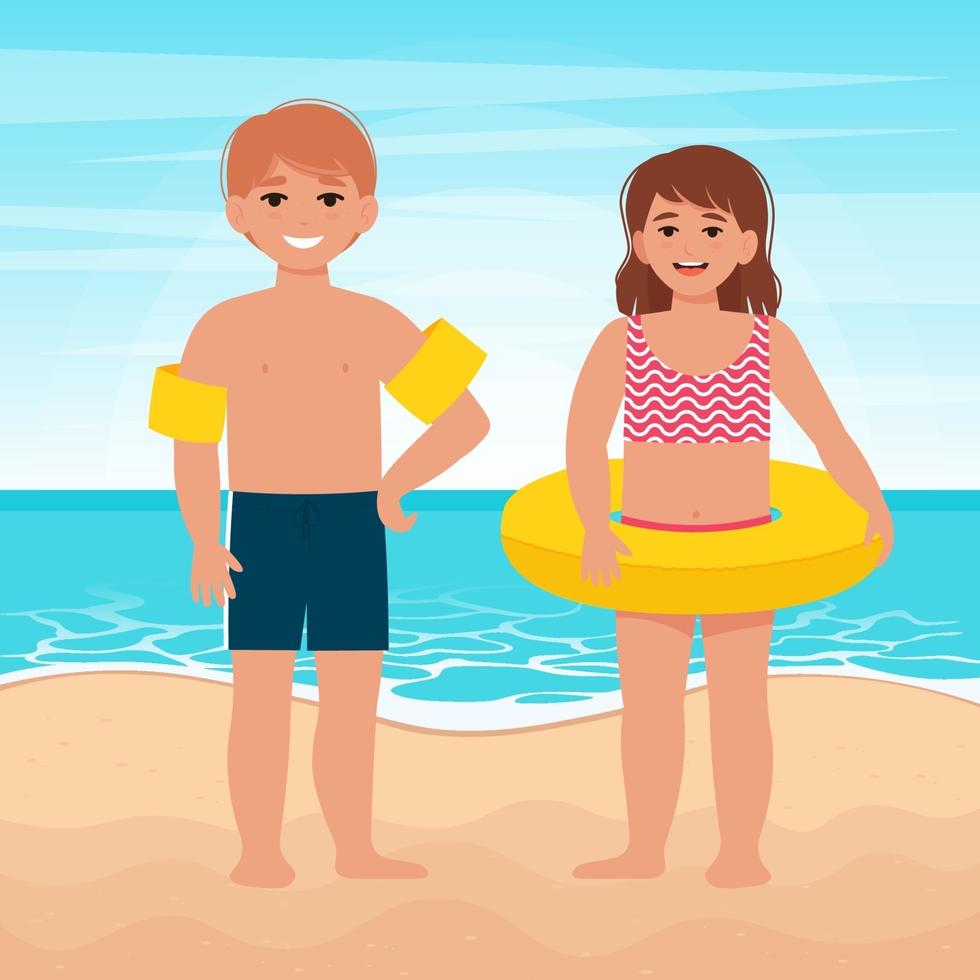 Cute little girl and boy in inflatable ring float vector