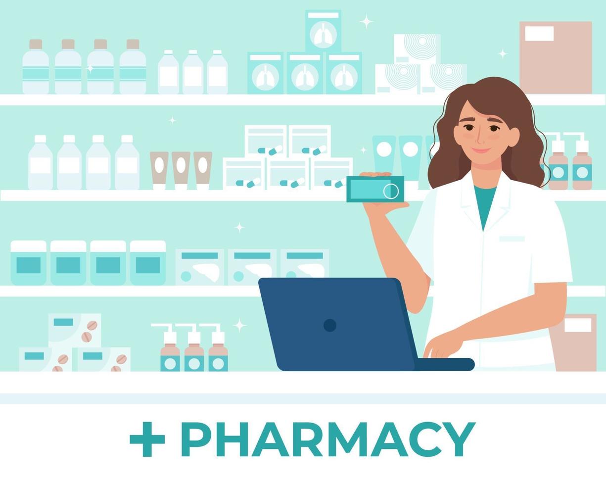 Female pharmacist behind the counter in a drugstore selling medicine vector