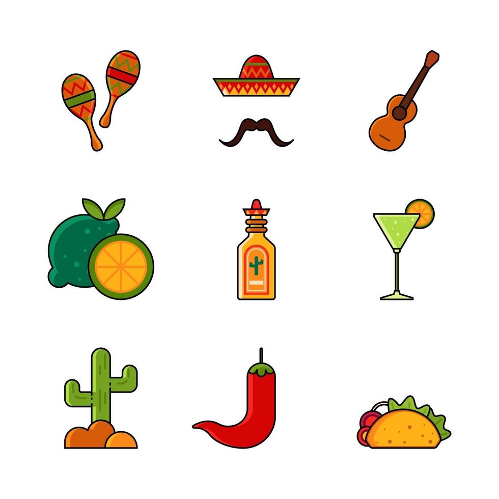 cinco de mayo festividad colorido diseño de conjunto de iconos vector