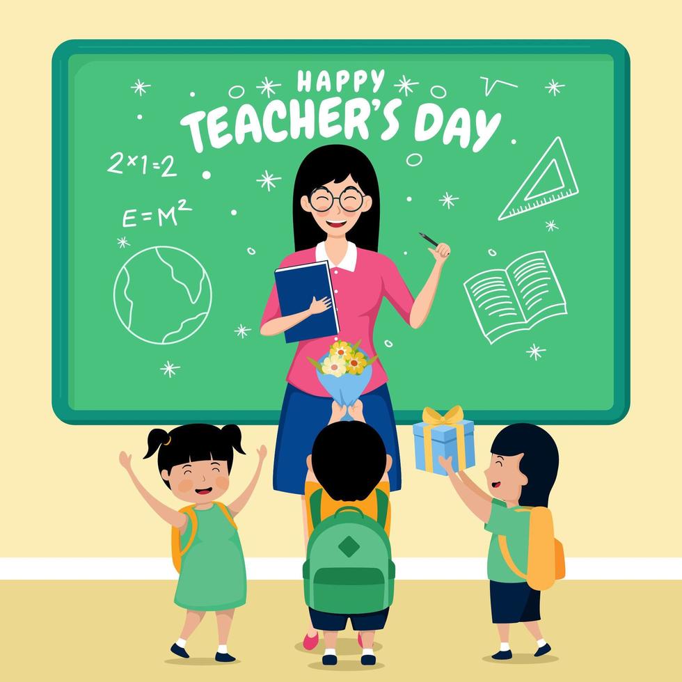 Happy Teachers' Day with Students in Class vector