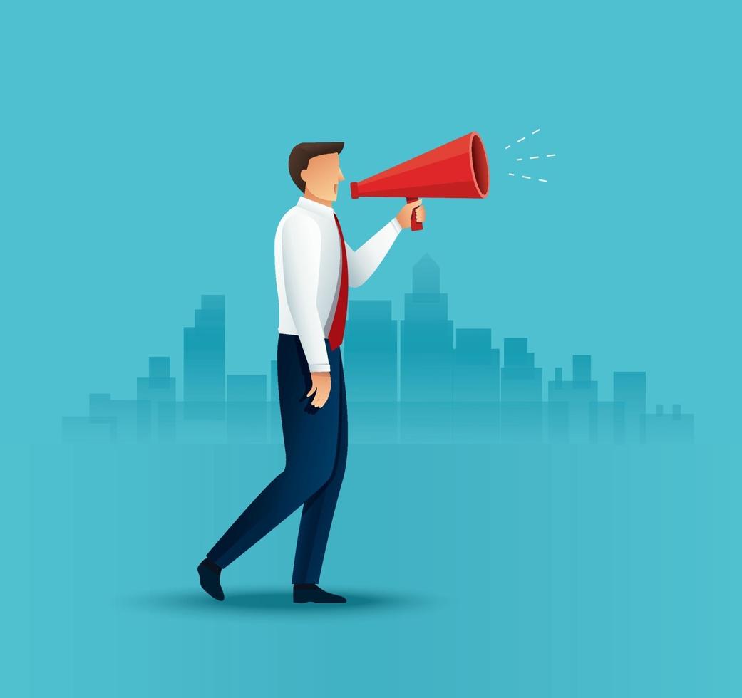 businessman hold megaphone loudspeaker. Concept of marketing or advertisement vector