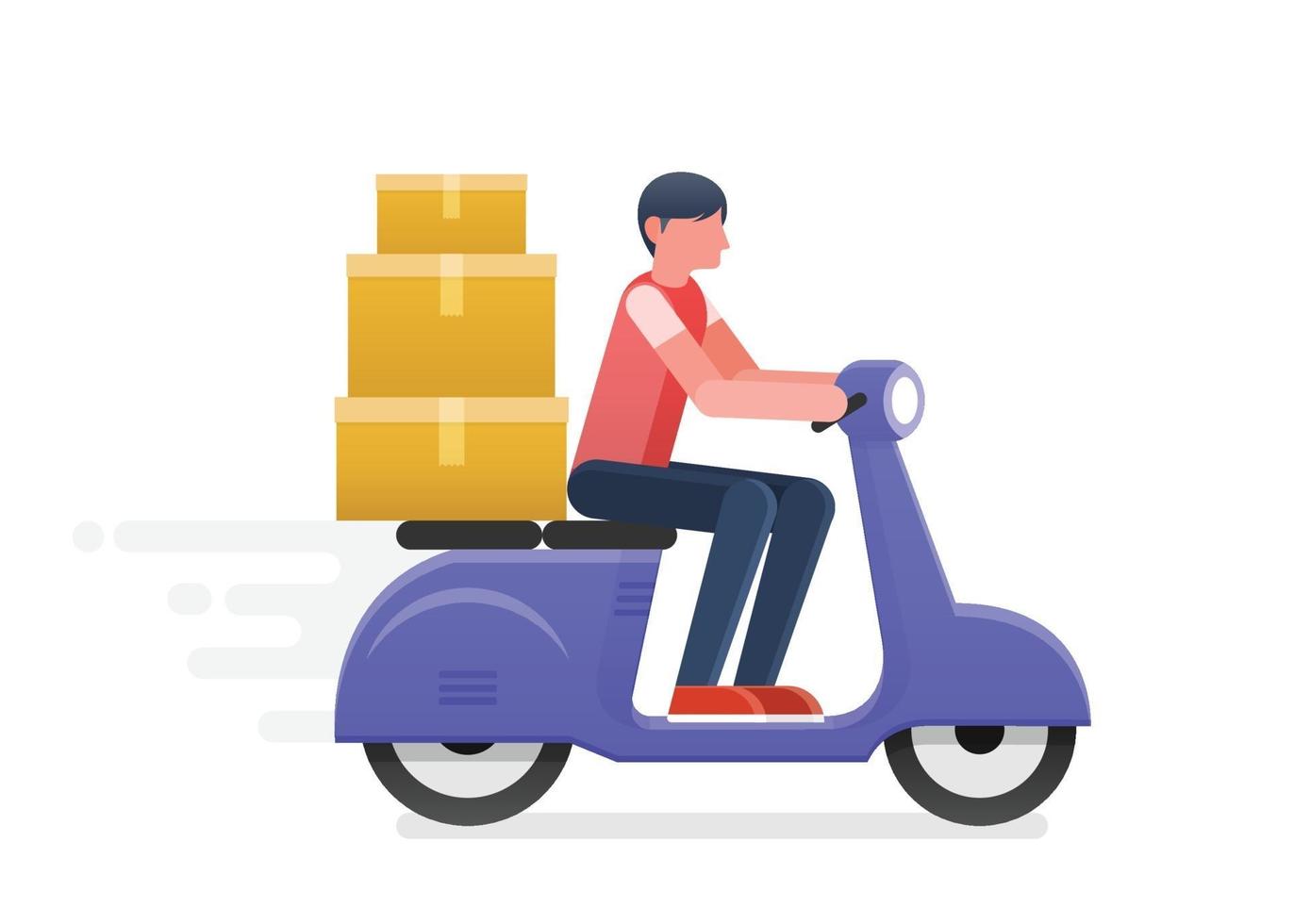 Fast delivery man ride motorcycle. Online shopping. Vector illustration