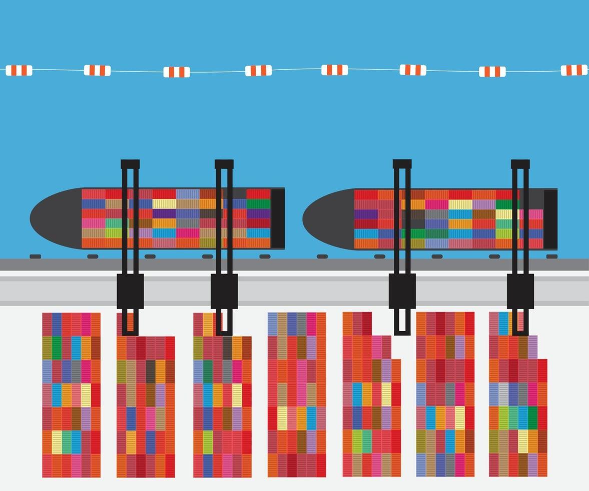 Port with cargo ship and container terminal. Vector illustration