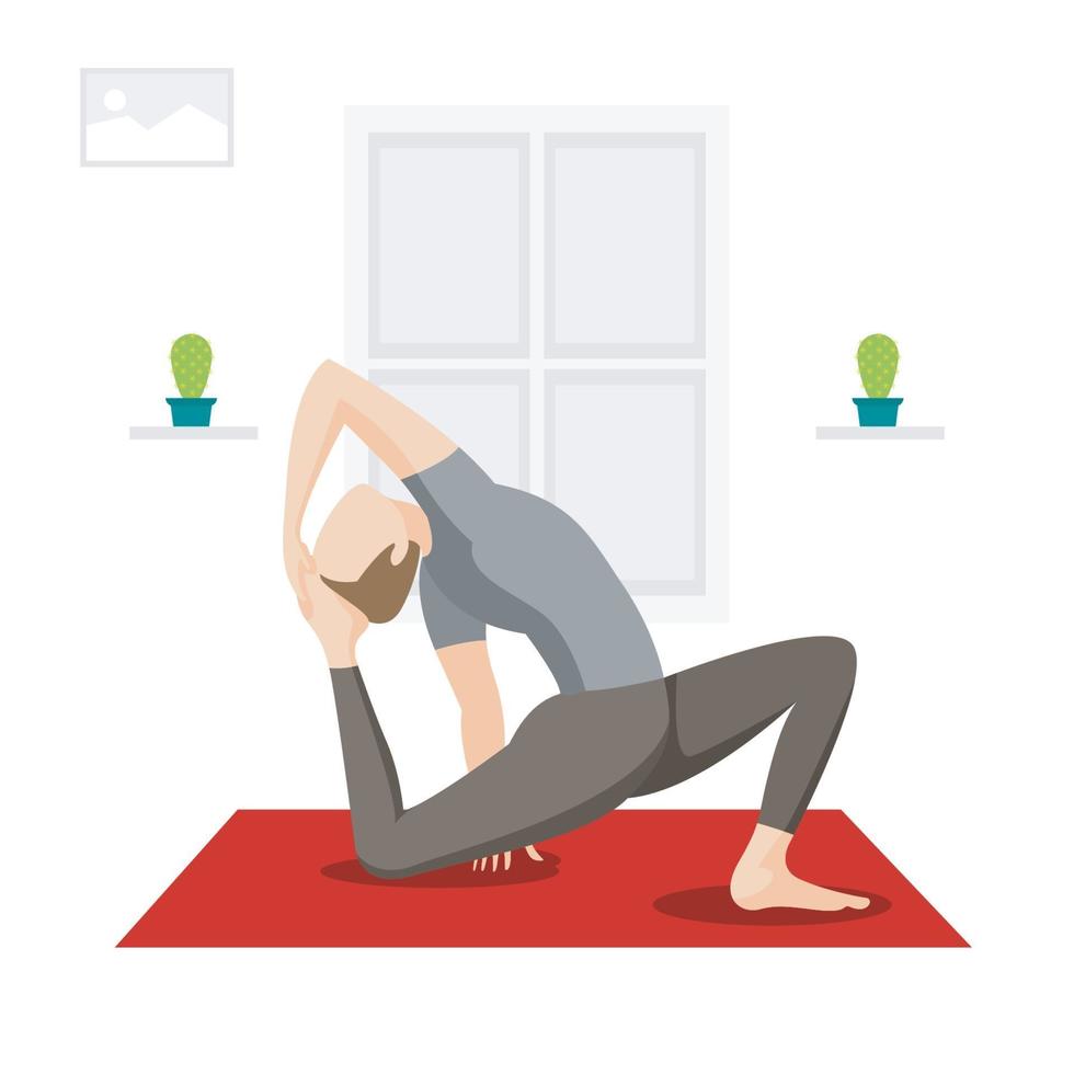 Men Practicing Yoga , Leaning back pose, indoor workout vector