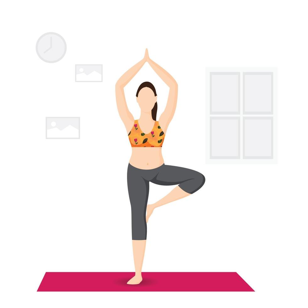 International Yoga Day, girl standing on one leg, Young lady practicing yoga in home vector