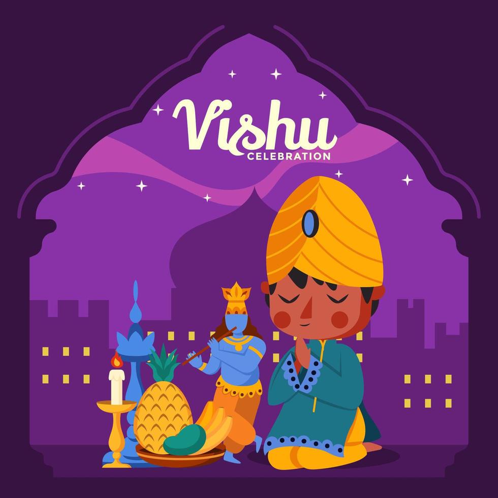 Vishu con niño rezando en el fondo del templo vector