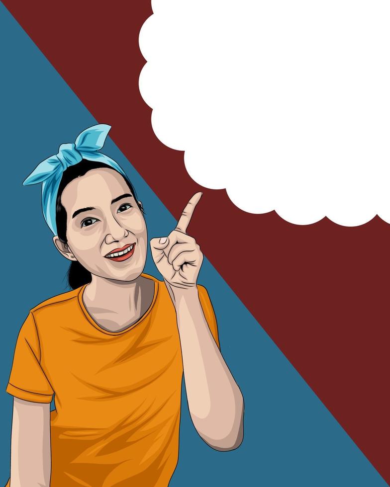 mujer, señalar con el dedo, en, nube, eps, 10 vector