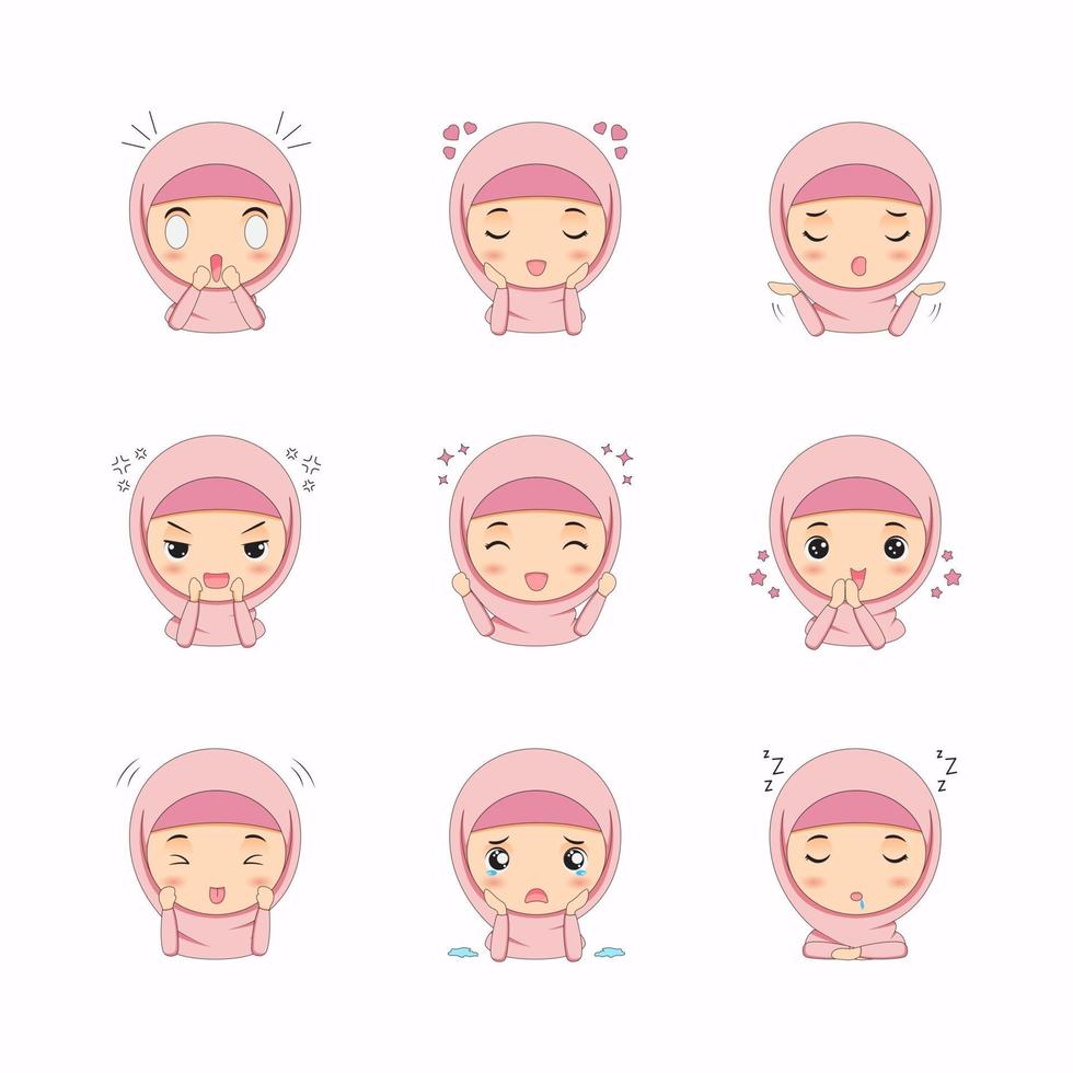 Cute Muslim girl with different face expressions vector