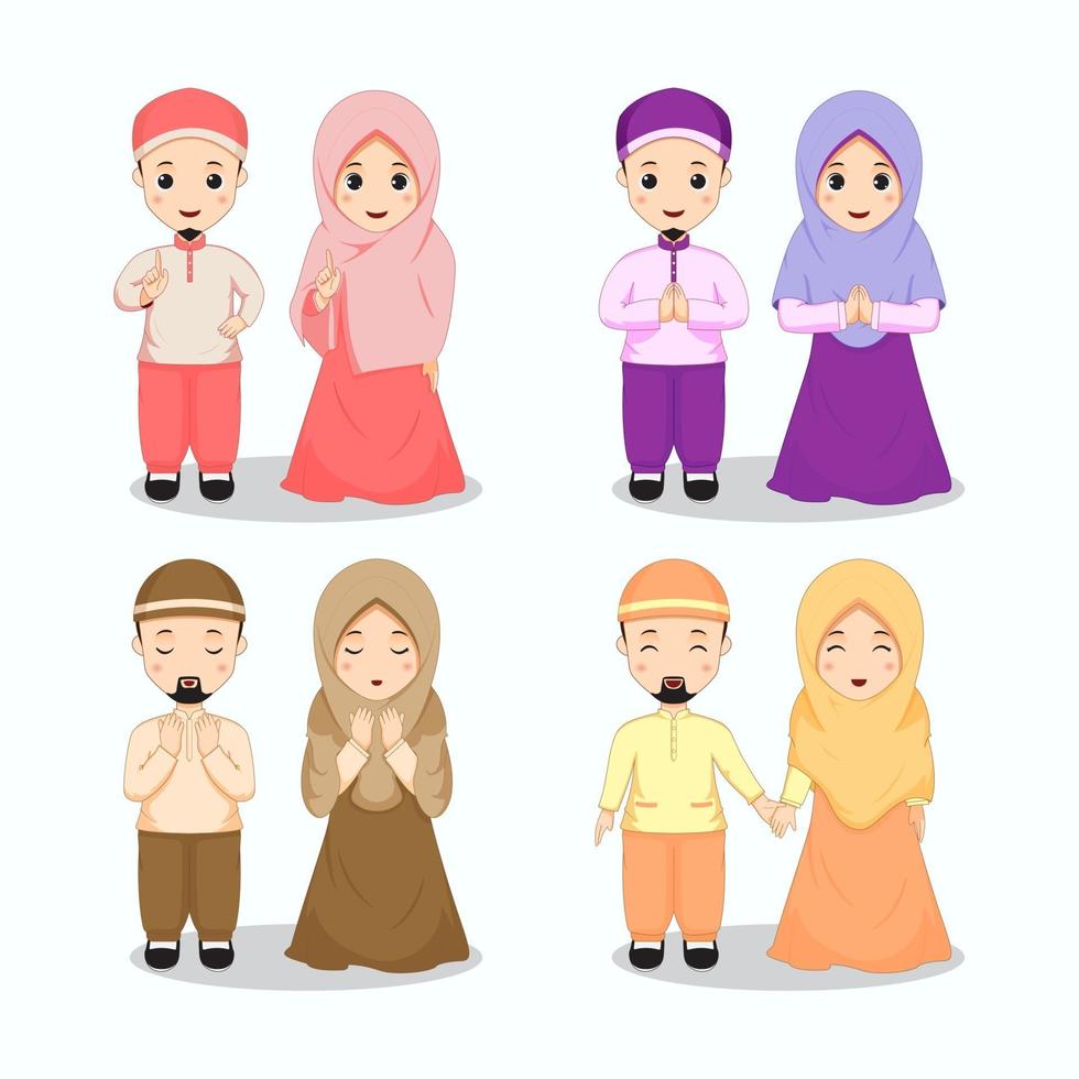 Set of Muslim couple characters in colorful outfits vector