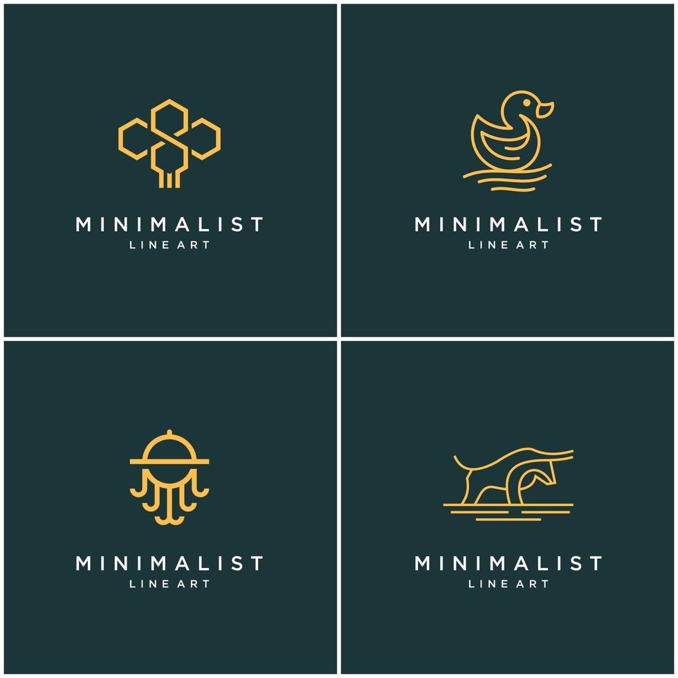 Collection of minimalist animal logo design lines, bee, bull, duck, and octopus. abstract vector design logos.