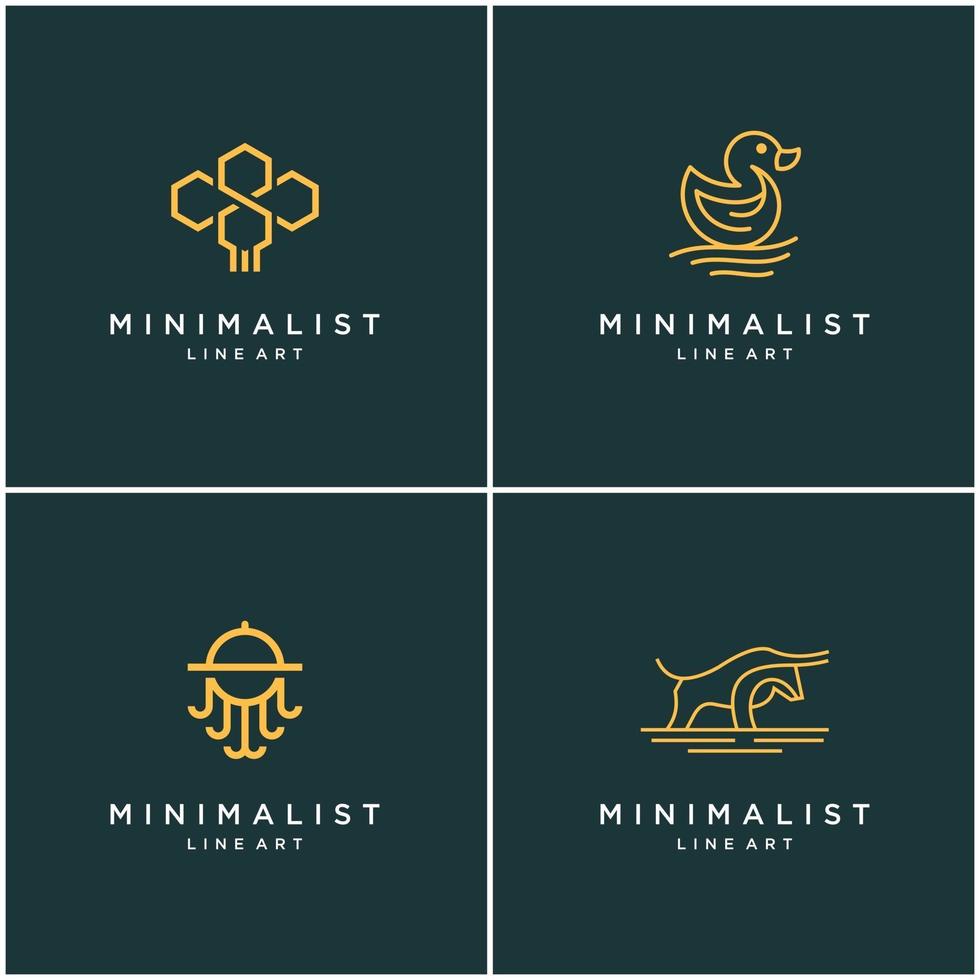 Collection of minimalist animal logo design lines, bee, bull, duck, and octopus. abstract vector design logos.