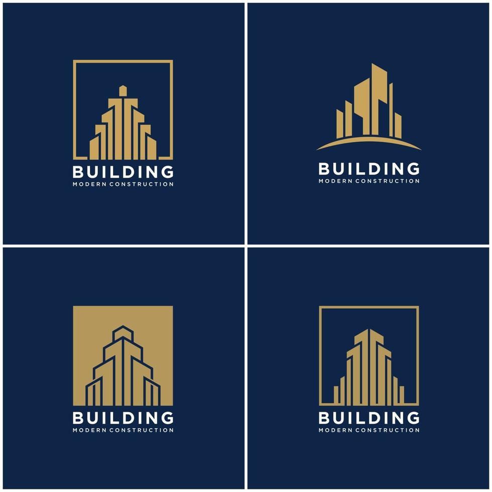 conjunto de construcción de colección diseño de logotipos construcción de paquetes. Tarjetas de visita premium, inspiradoras logotipos abstractos de construcción de ciudades. vector