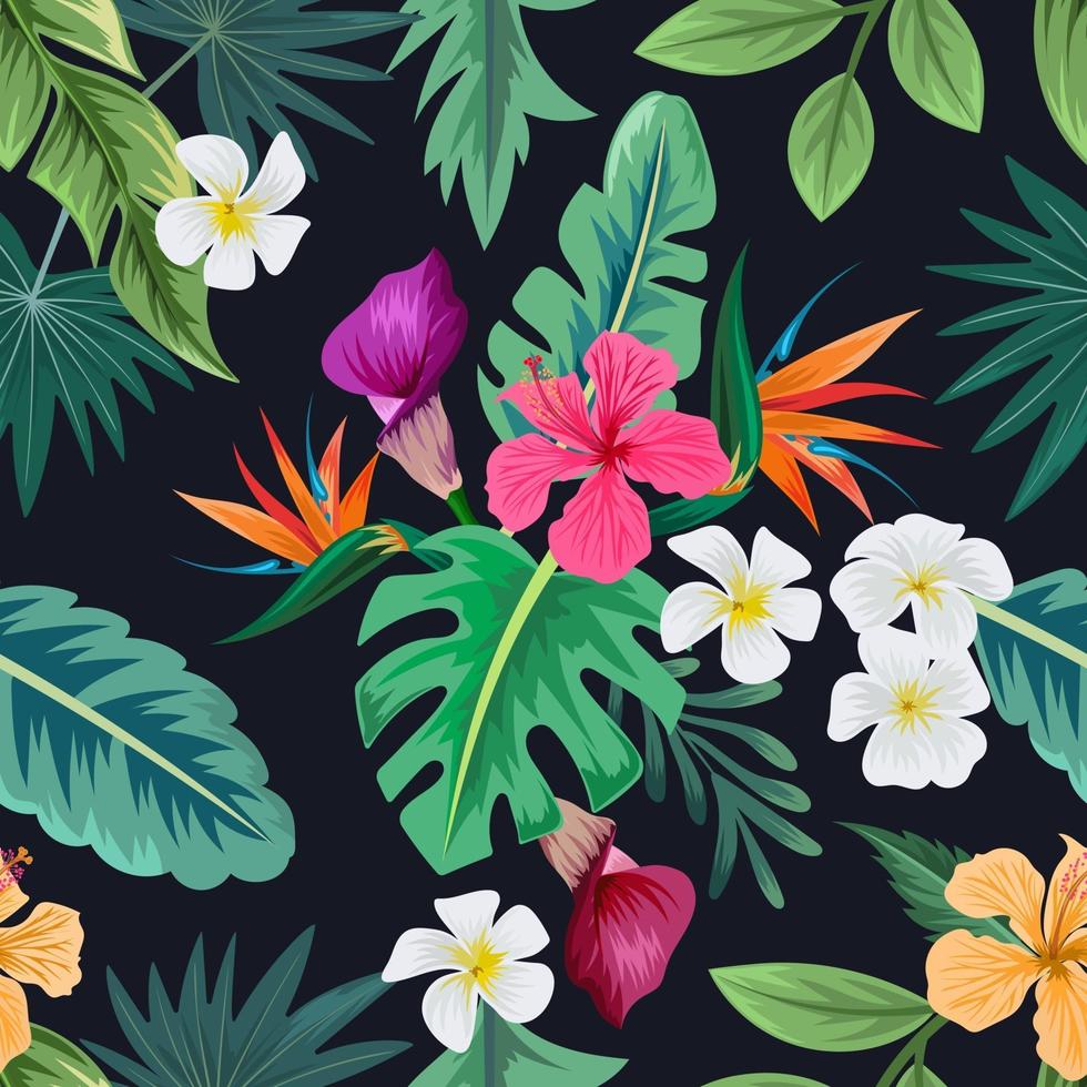 Seamless pattern with beautiful tropical flowers and leaves exotic background. vector