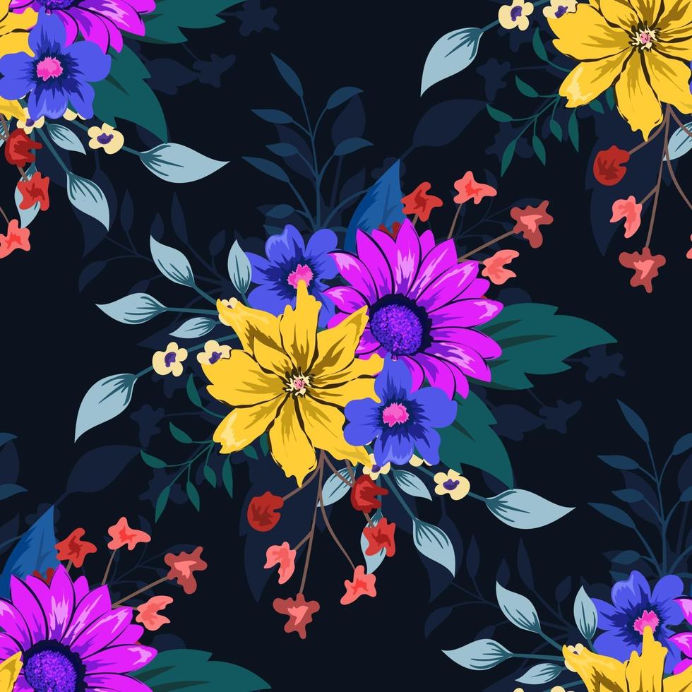 Colorful botanical seamless floral pattern on dark background. vector