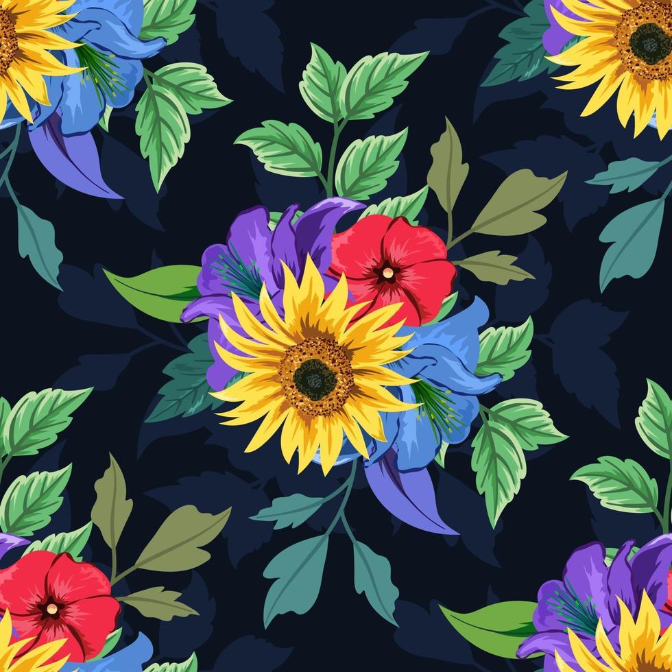 Colorful botanical seamless floral pattern on dark background. vector