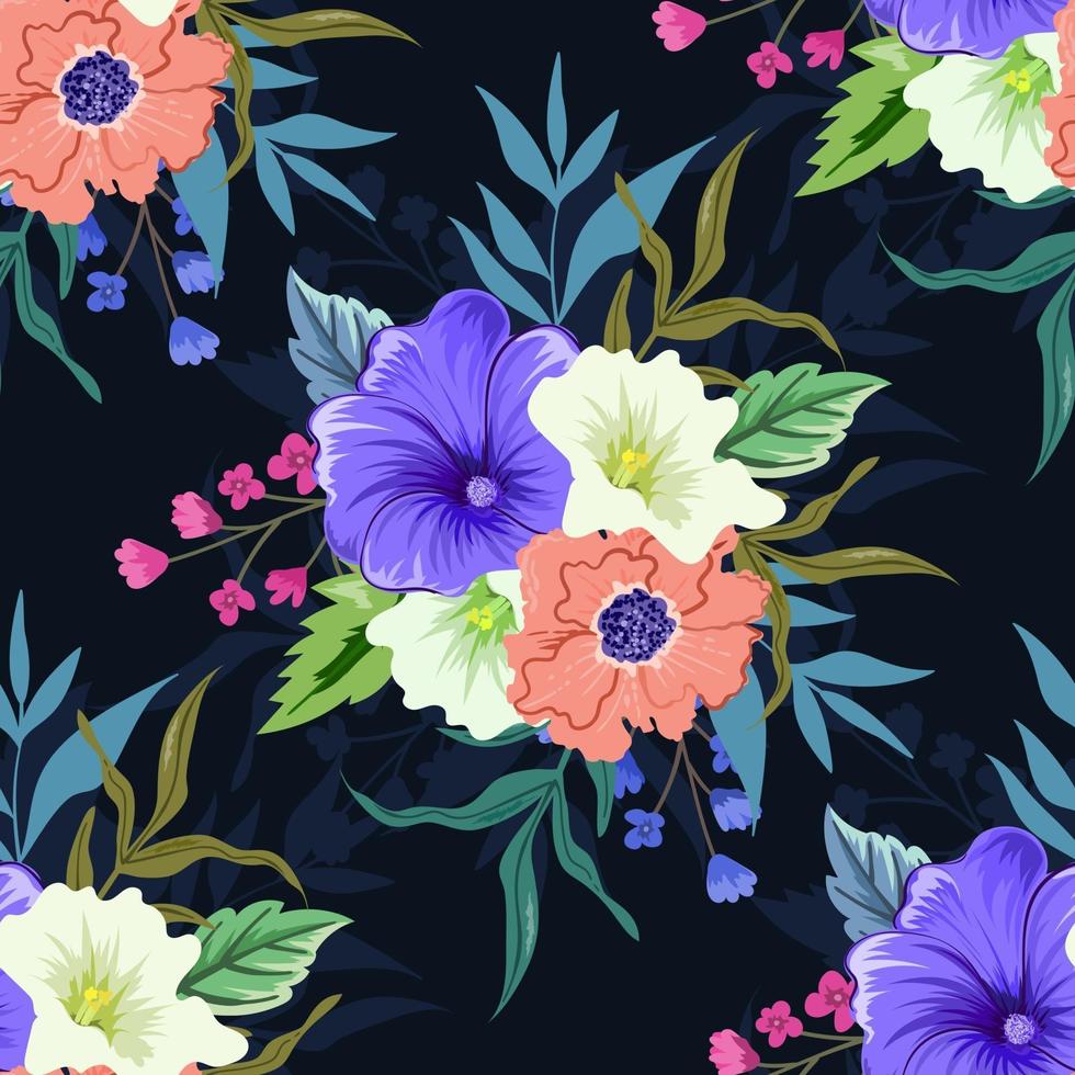 Colorful botanical seamless floral pattern on dark background. vector