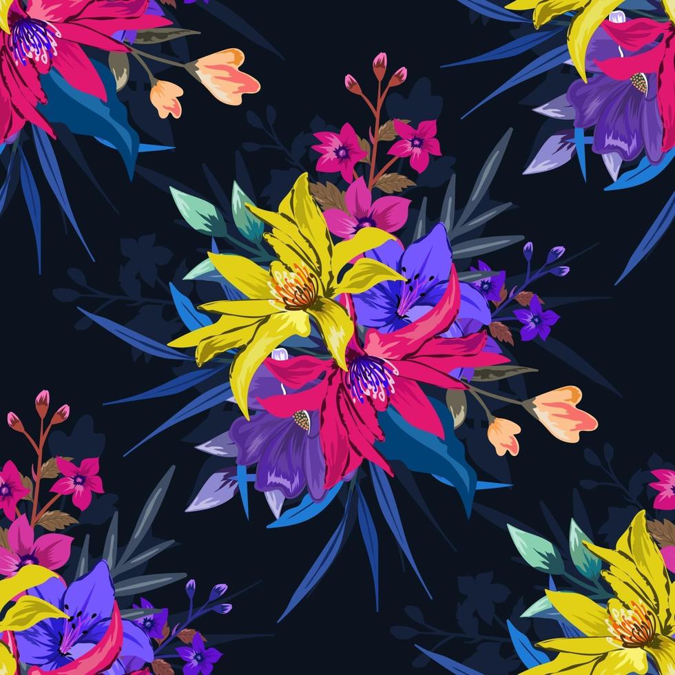 colorido patrón floral transparente botánico sobre fondo oscuro. vector