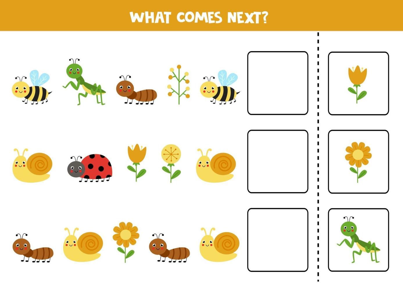 What comes next game with cute colorful insects. vector