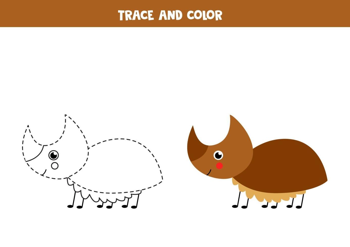 Trace and color cute rhino bug. Worksheet for kids. vector