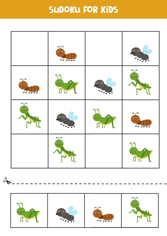 Sudoku game with cute insects. For kids. vector