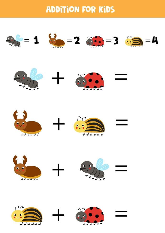 Addition for kids with cute cartoon insects. vector