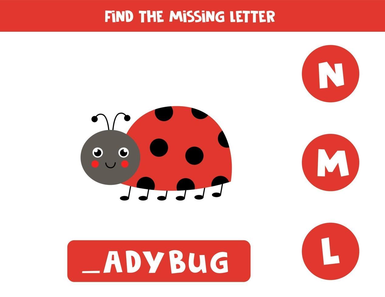 Find missing letter with cute ladybug. Spelling worksheet. vector