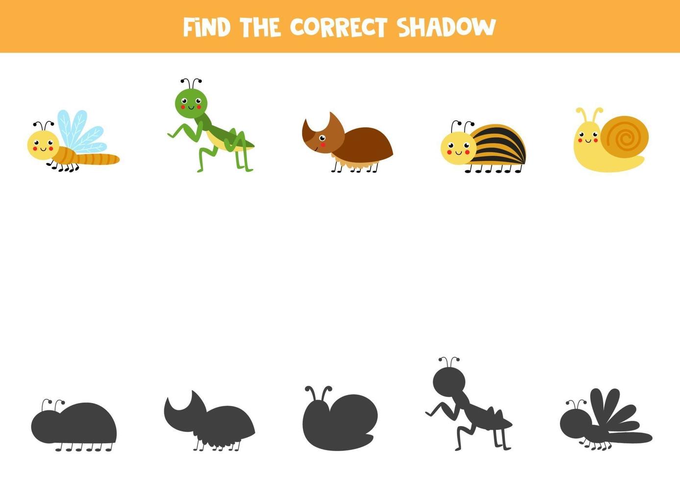 Find the correct shadows of cute insects. Logical puzzle for kids. vector