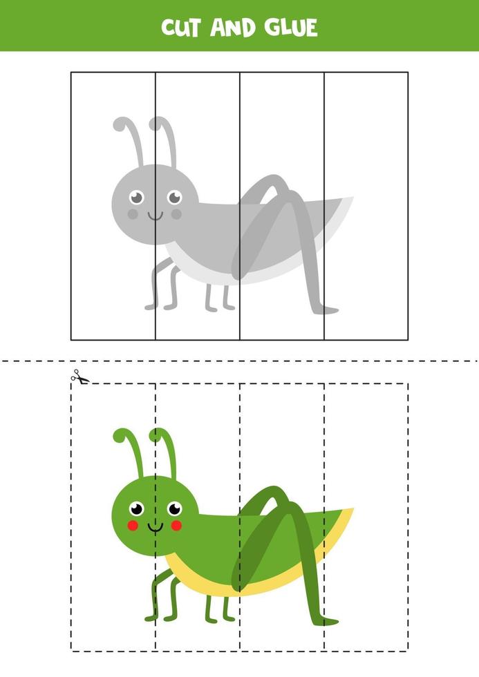 Cut and glue game for kids. Cute green grasshopper. vector