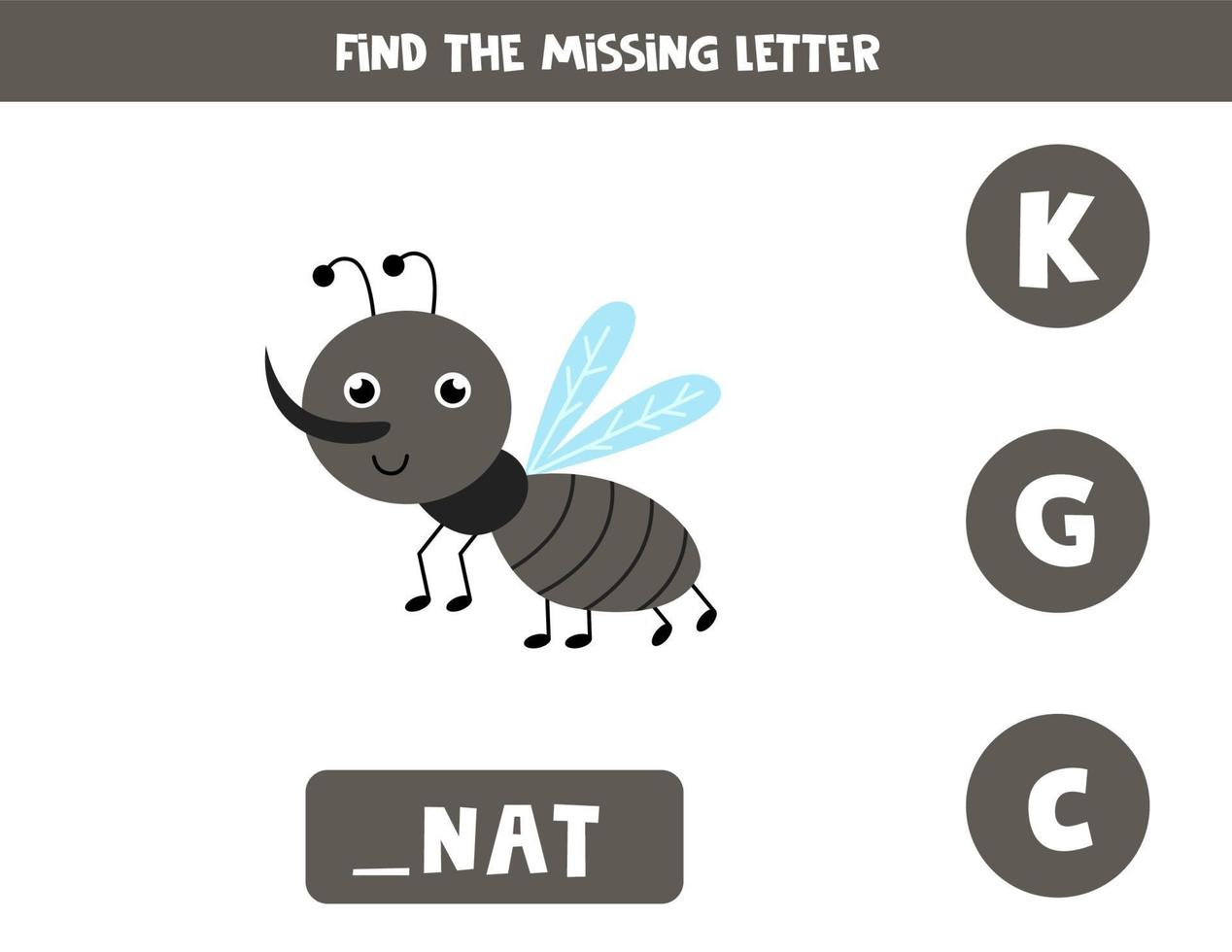 Find missing letter with cute gnat. Spelling worksheet. vector