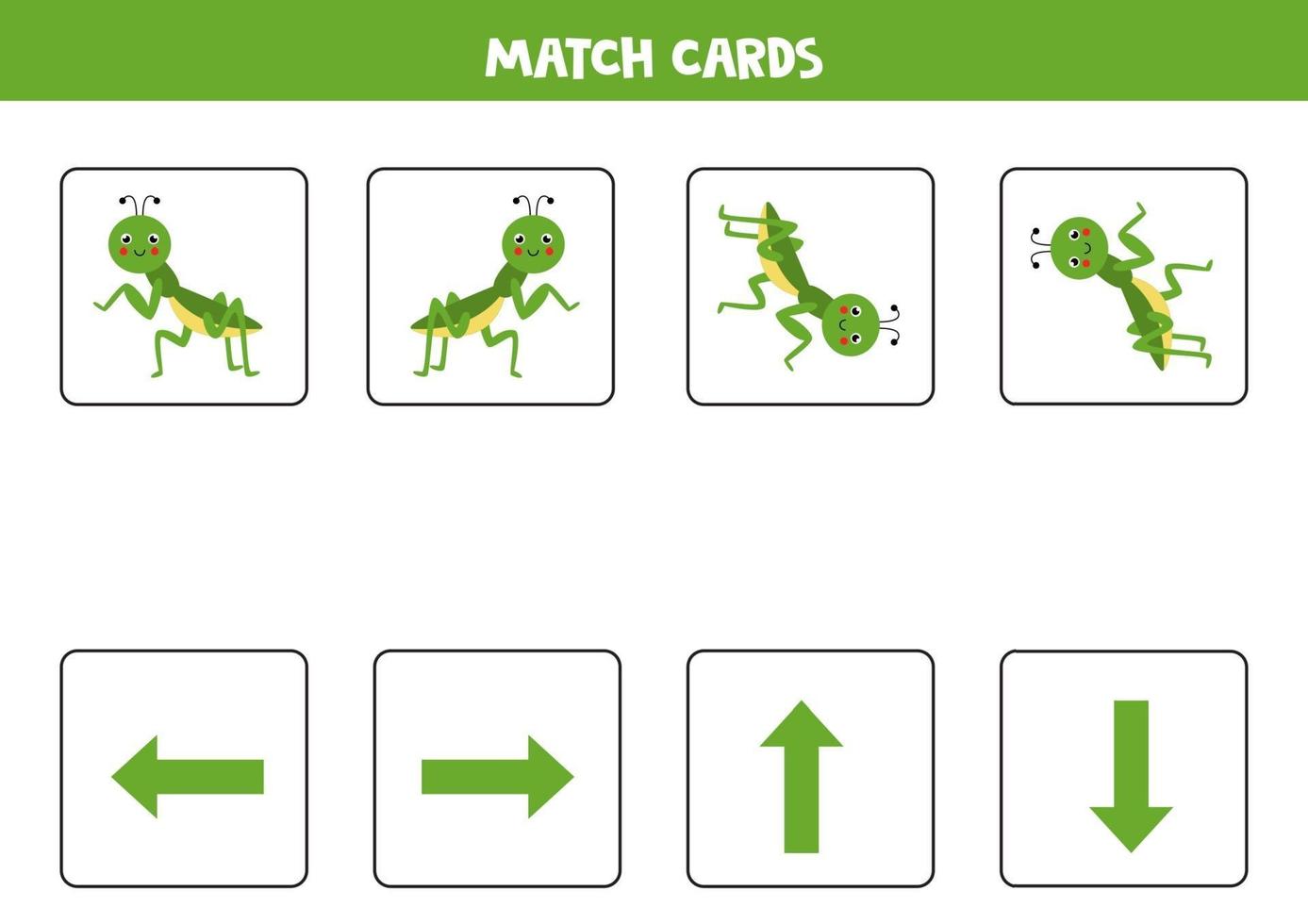 Left, right, up or down. Spatial orientation with cute praying mantis. vector