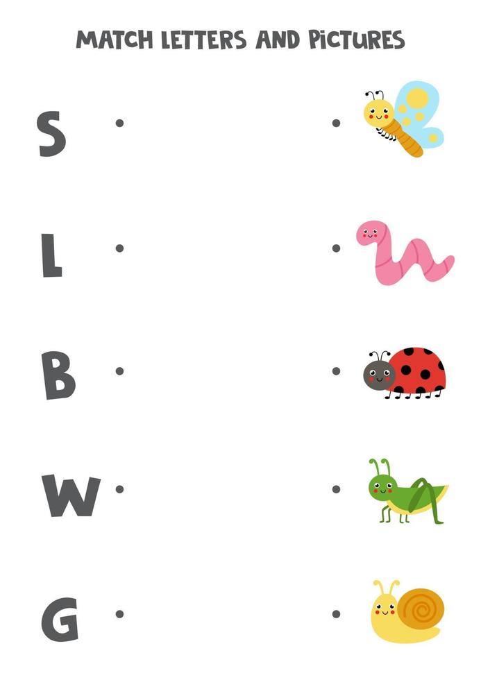 Match cute insects and letters. Educational logical game for kids. Vocabulary worksheet. vector