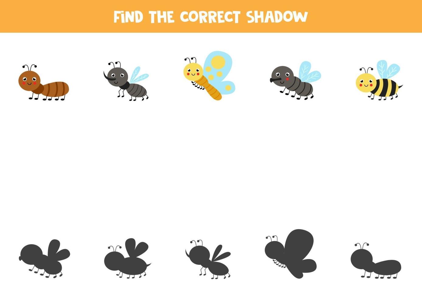Find the correct shadows of cute insects. Logical puzzle for kids. vector