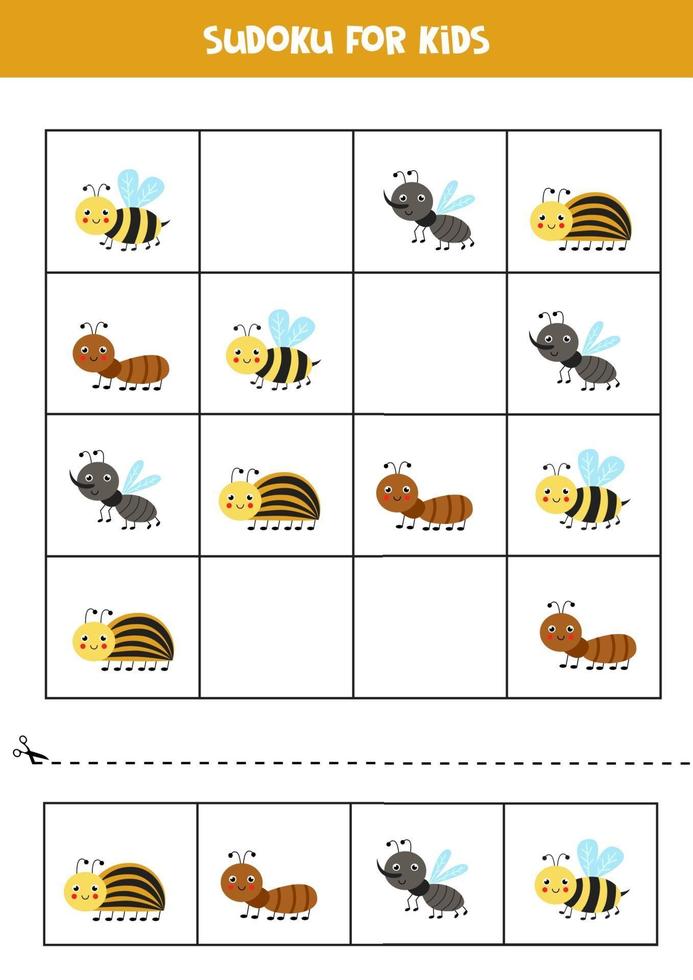 Sudoku game with cute insects. For kids. vector