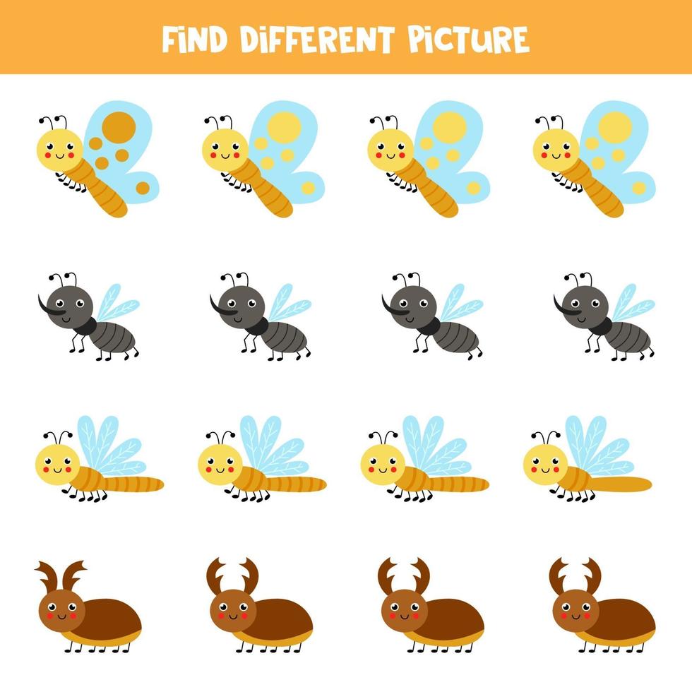 Find cute insect which is different from others. Worksheet for kids. vector