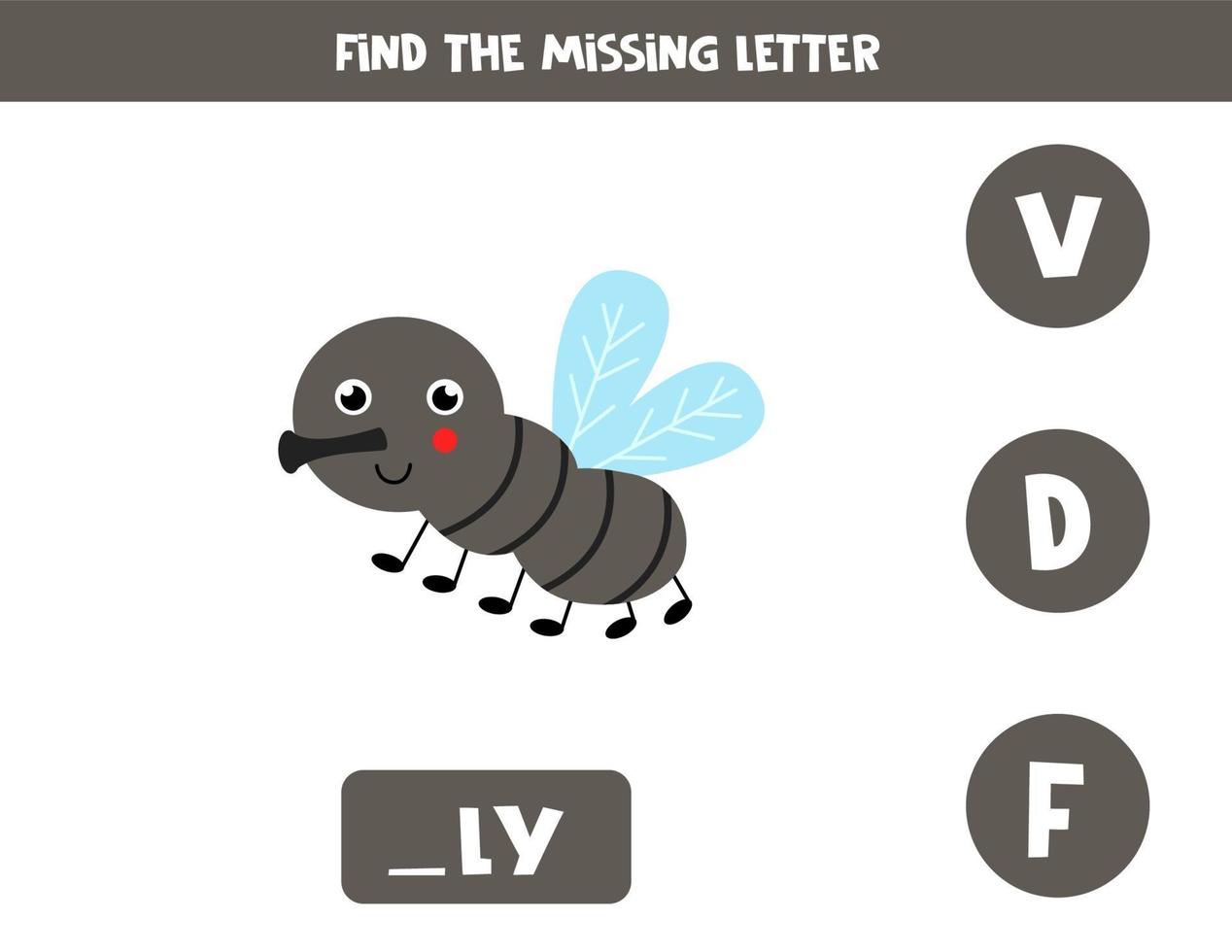 Find missing letter with cute gnat. Spelling worksheet. vector