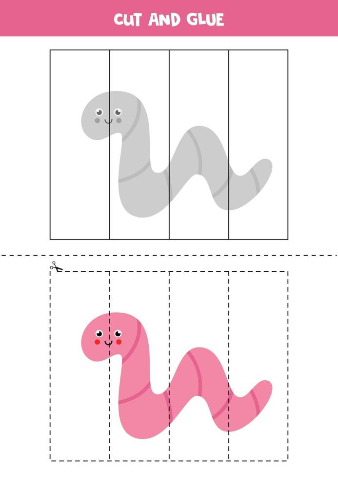 Cut and glue game for kids. Cute worm. vector