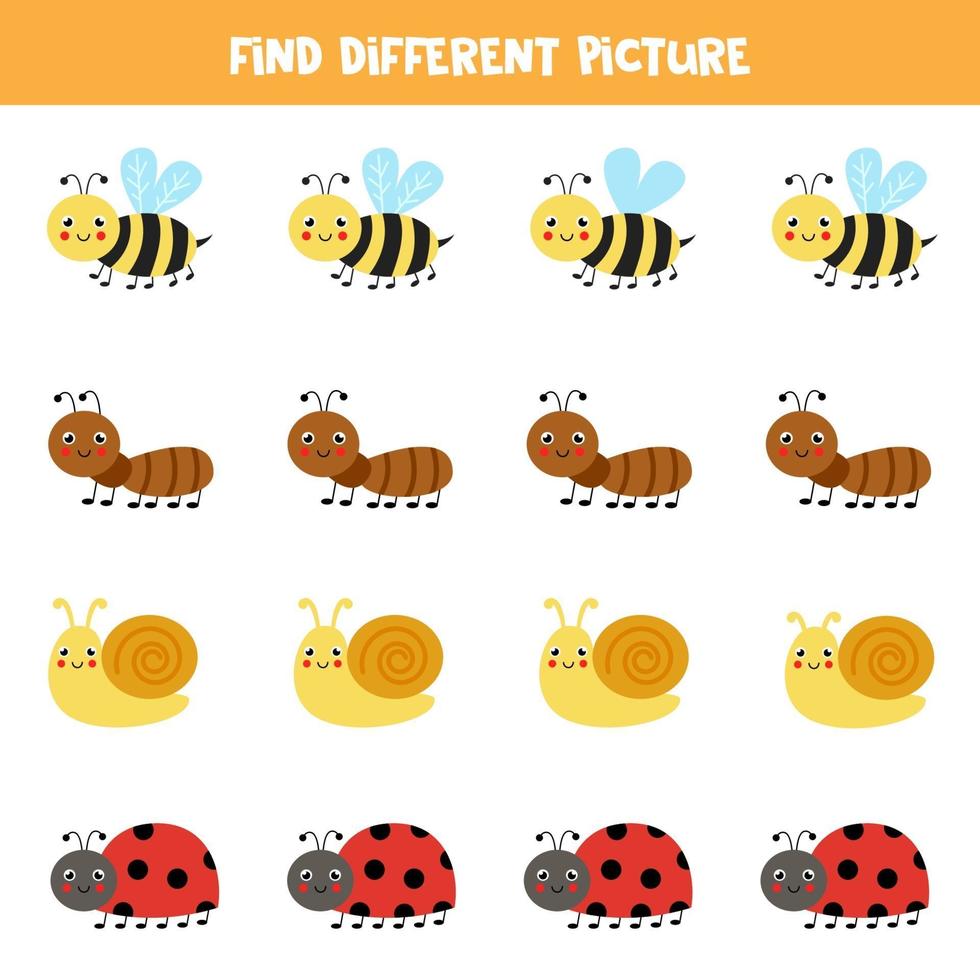 Find cute insect which is different from others. Worksheet for kids. vector