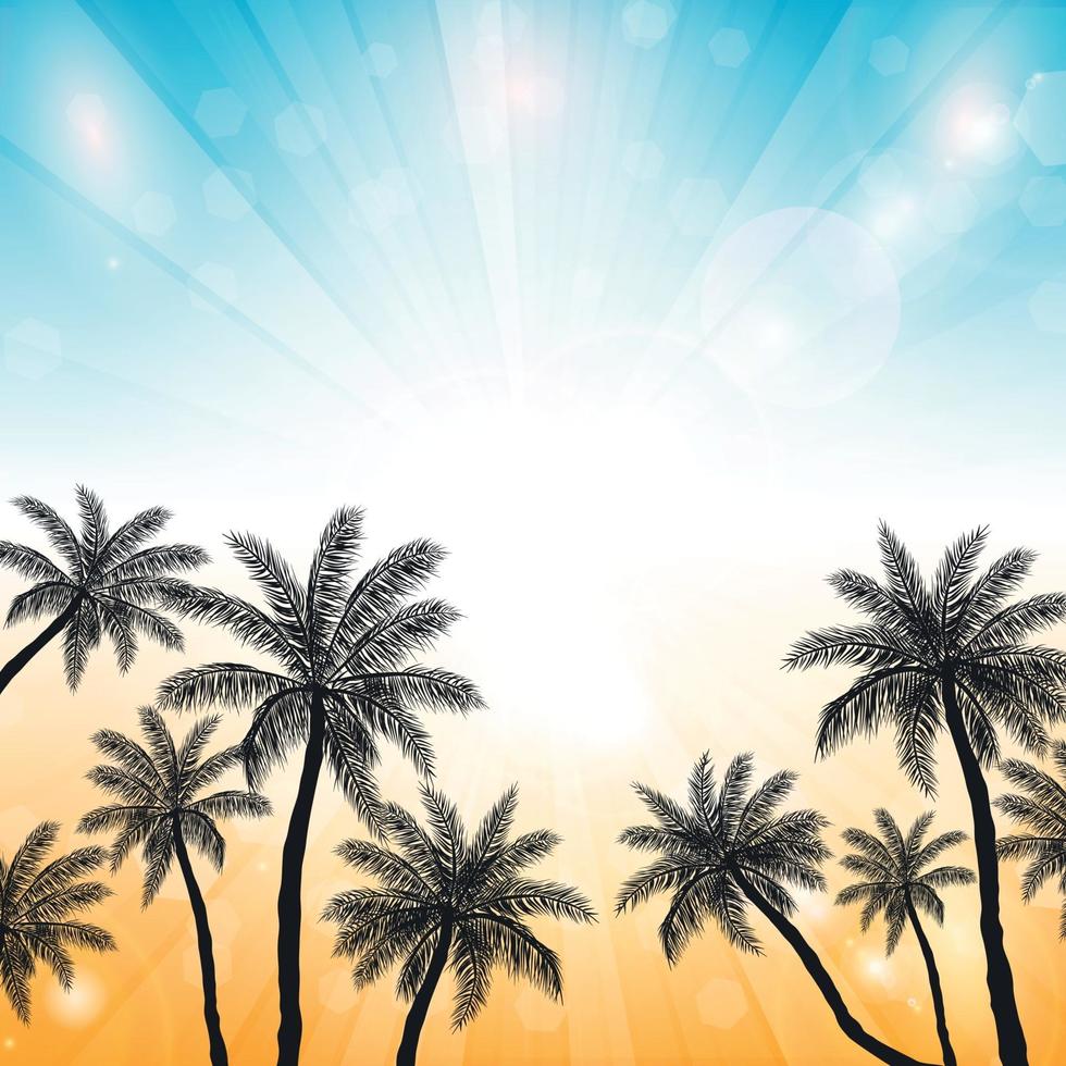 puesta de sol en la playa con palmeras vector