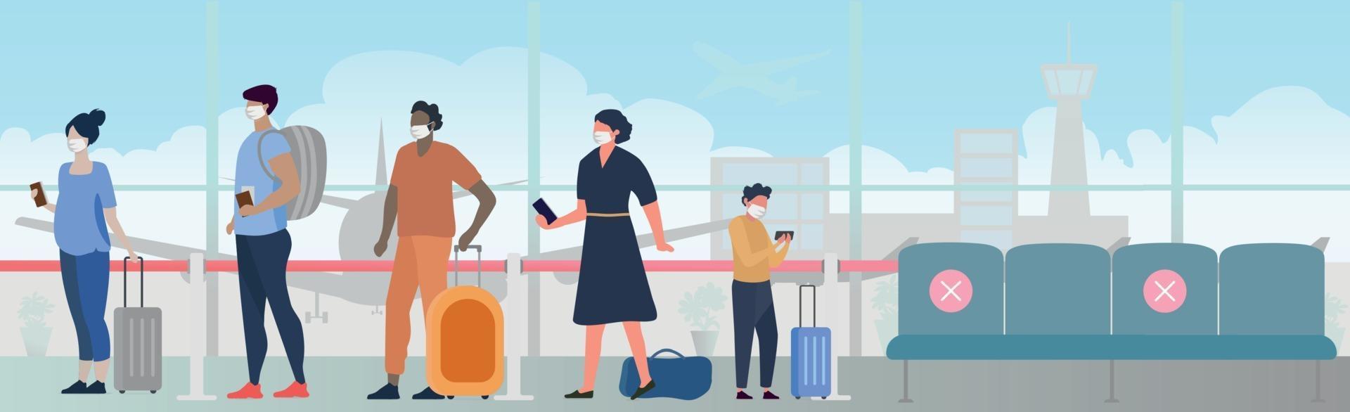 A large queue of people in the airport building waiting for boarding