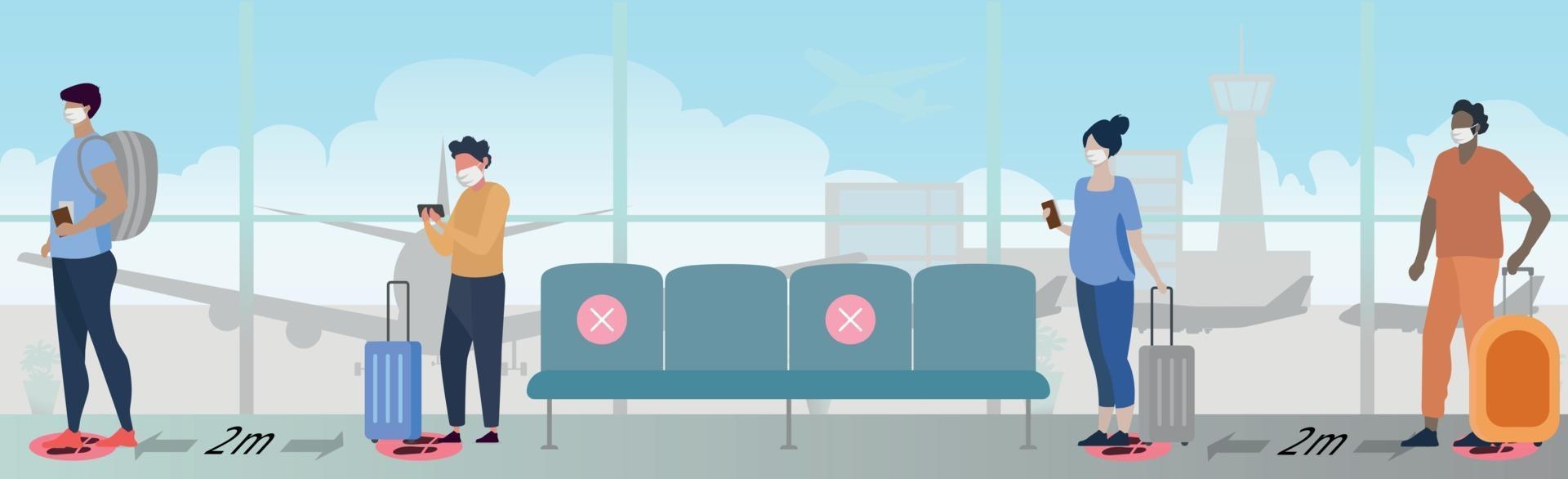 A large queue of people in the airport building waiting for boarding vector